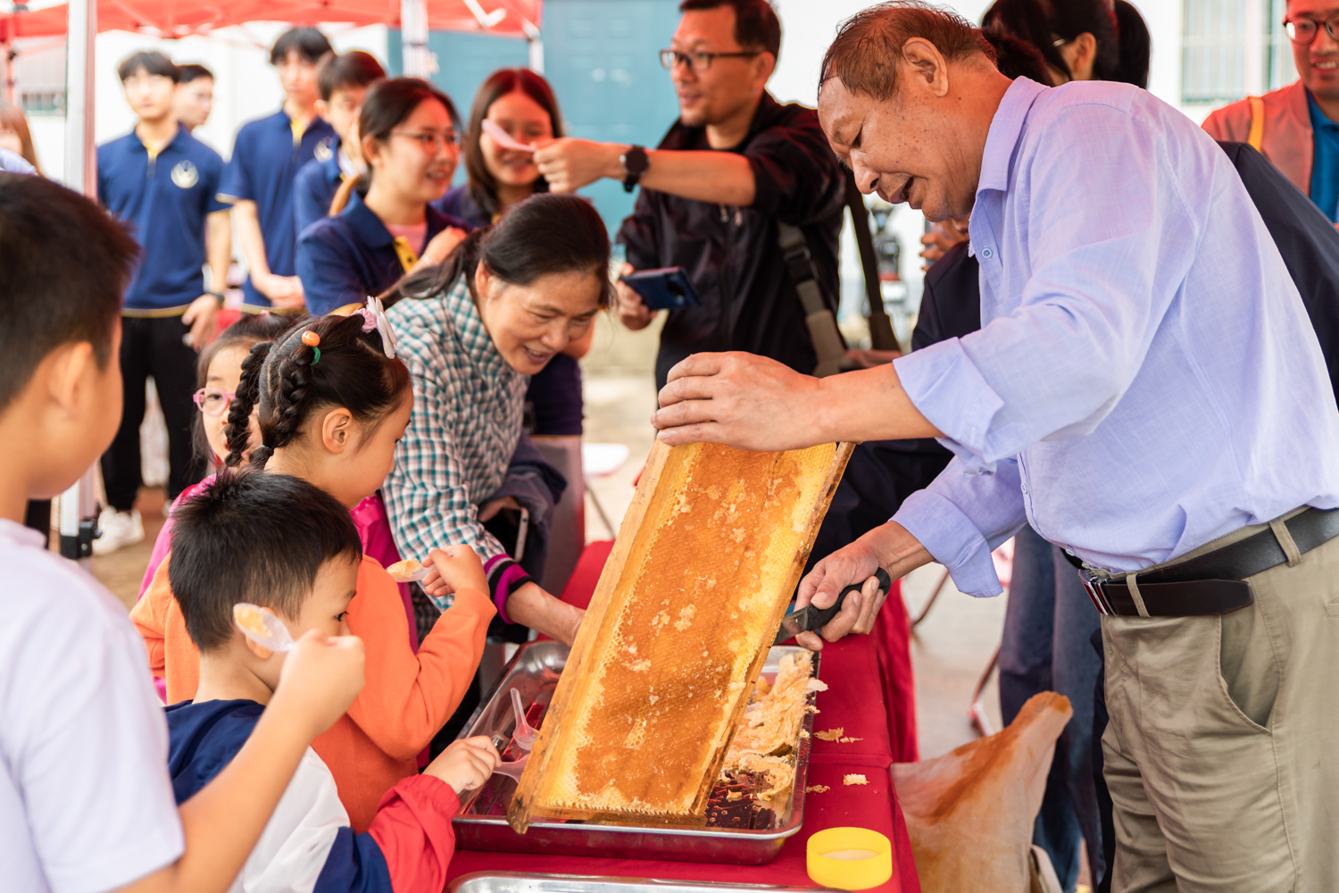 品尝新鲜蜂蜜（学通社记者 周全 摄）