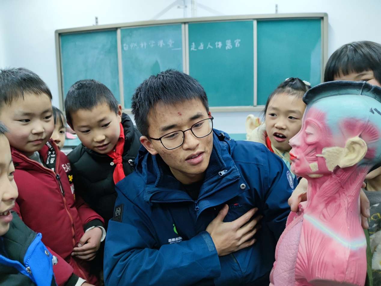 志愿者张季钦带领学生学习人体器官