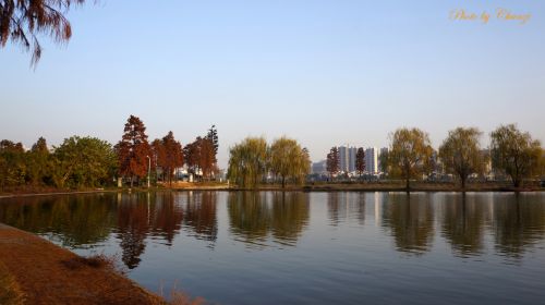 秋日红叶为湖堤铺上五彩裙带