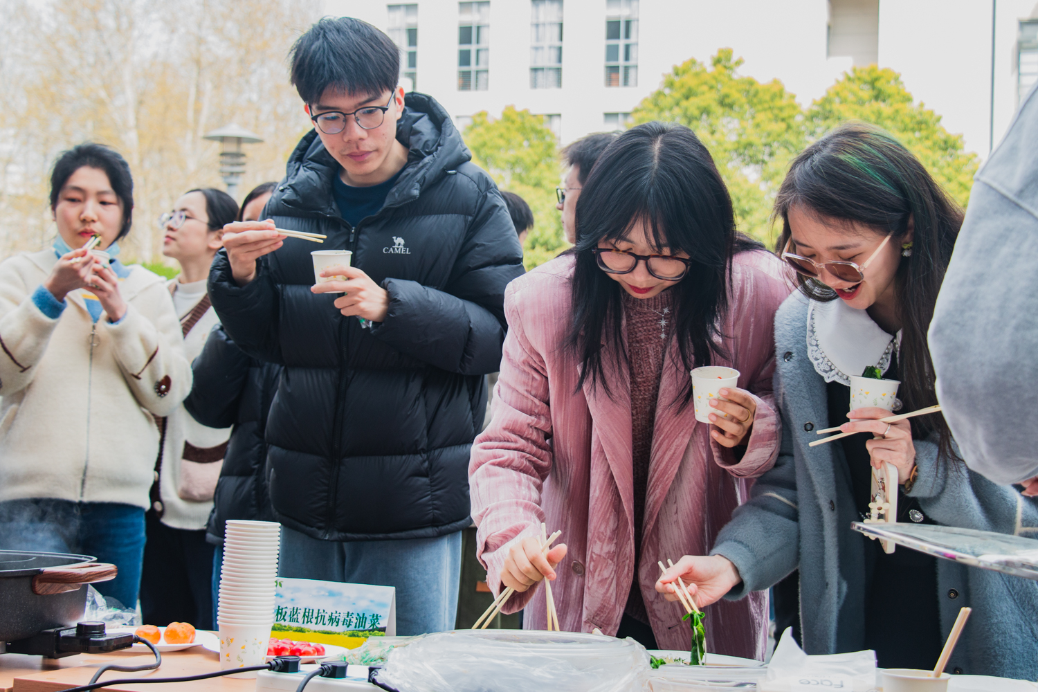 同学们品尝白灼油菜薹(学通社记者 高浩洋 摄)