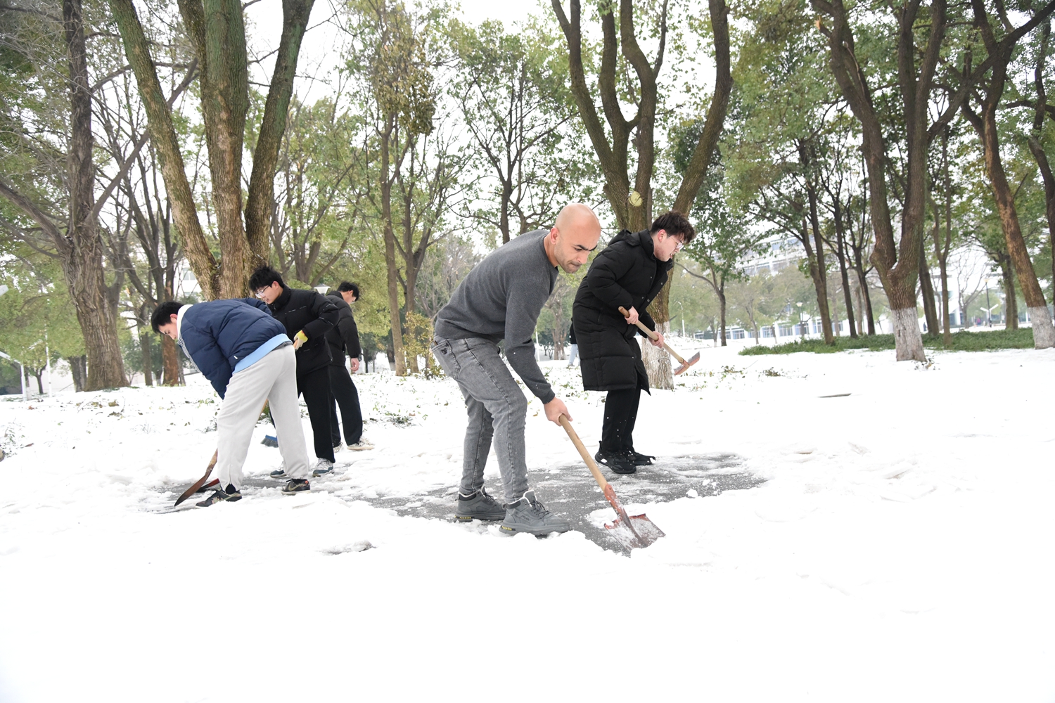 水产学院同学正在除雪(蒋朝常 摄)