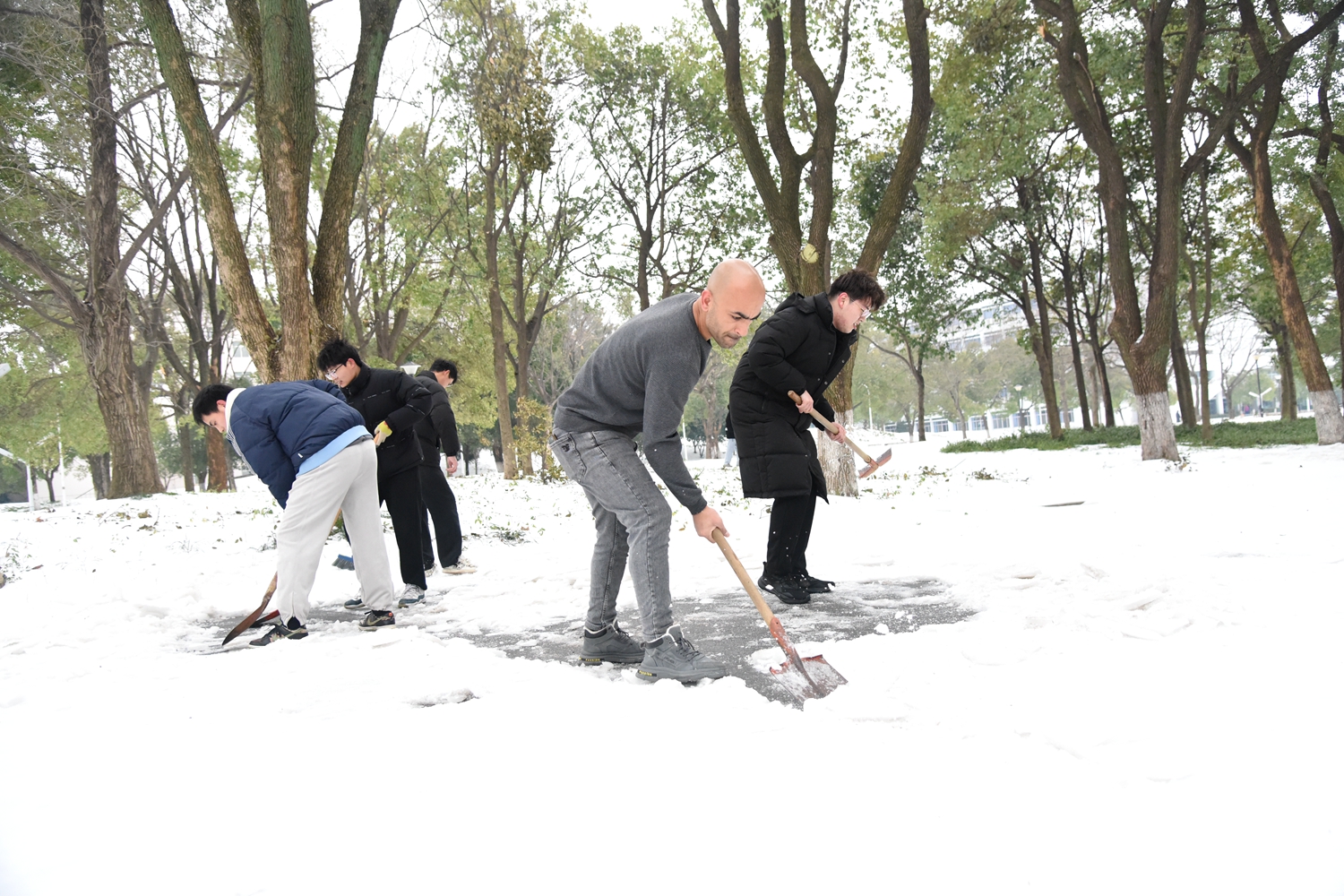 水产学院同学正在除雪（蒋朝常 摄）