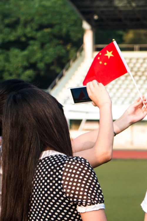 同学们拍下手中拿着的小五星红旗