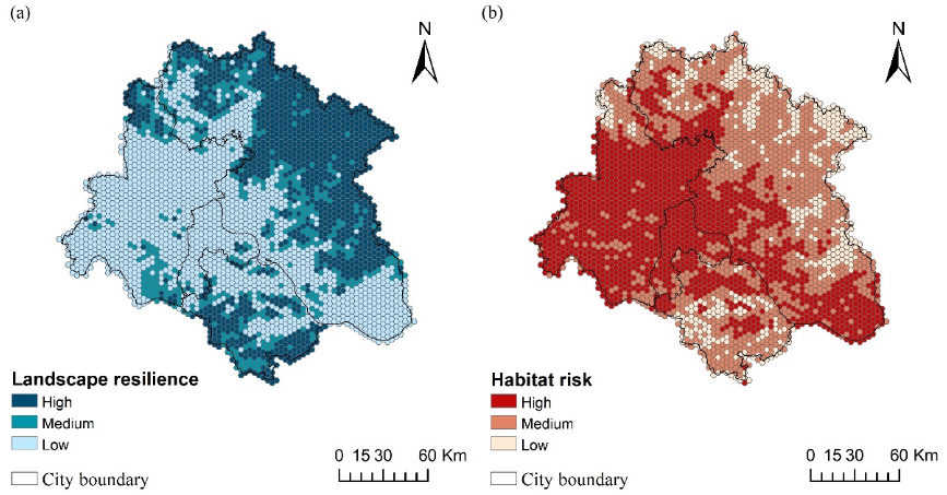 景观韧性(a)和生境风险(b)评估结果