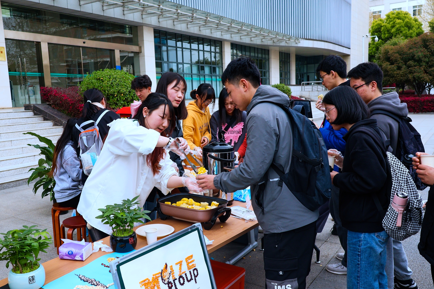 同学们品尝煮玉米(学通社记者 周红桃 摄)