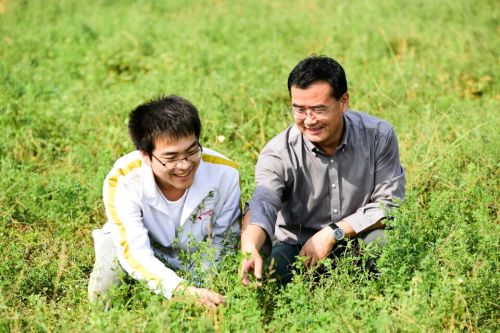 张振华与学校赵剑老师在学校苜蓿试验田