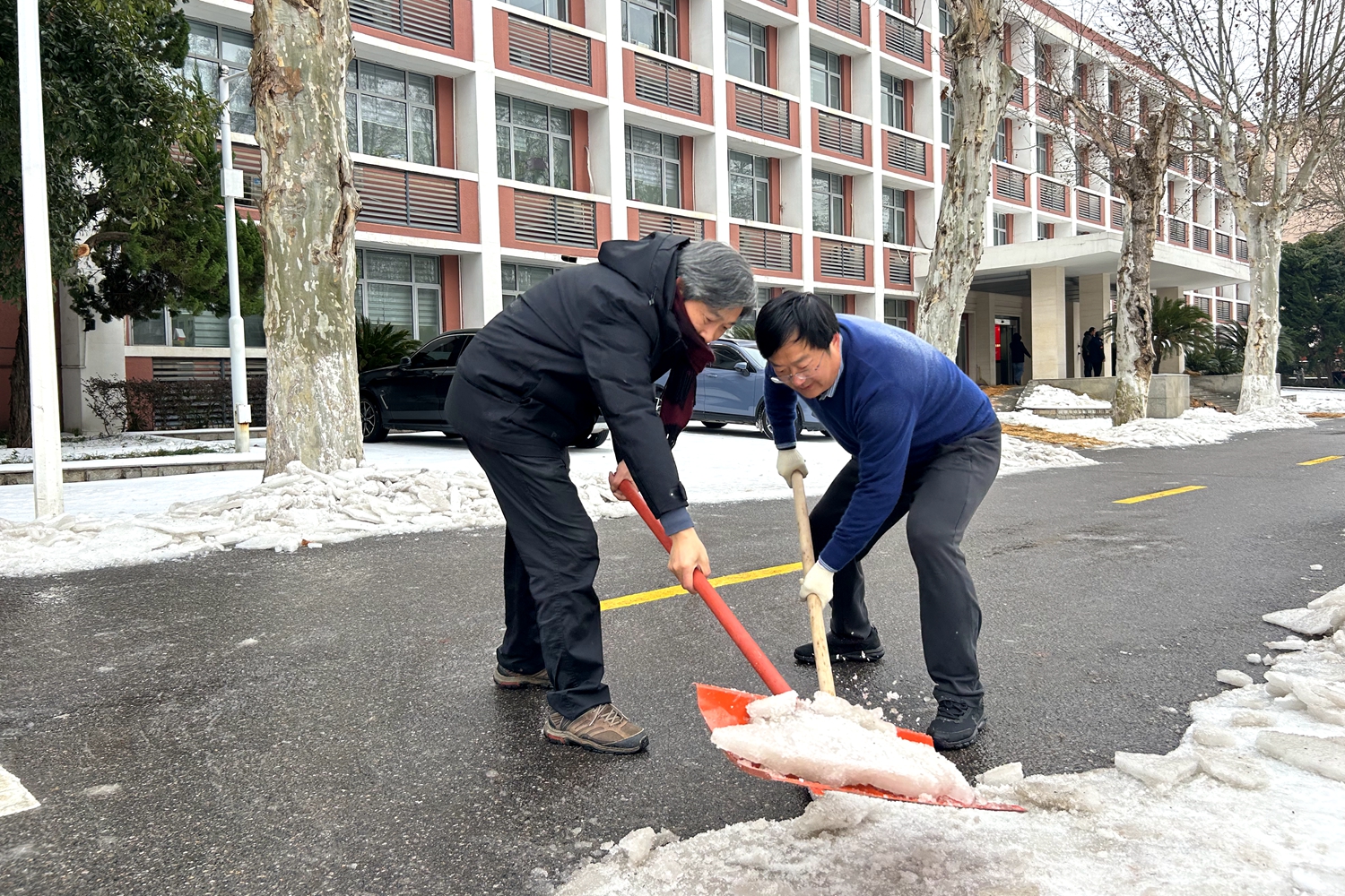 校党委书记高翅与机关干部一起除雪（兰涵旗 摄）