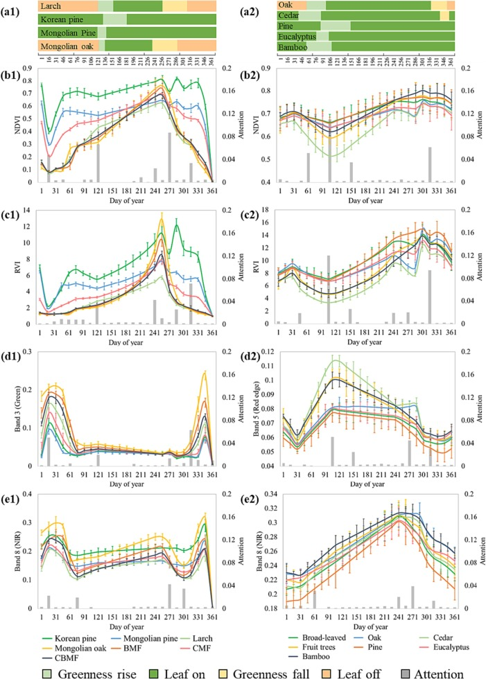 图2.树种遥感时序特征和注意力分布信息，误差条表示统计中的标准差