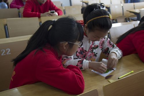 小朋友和志愿者一起制作标本